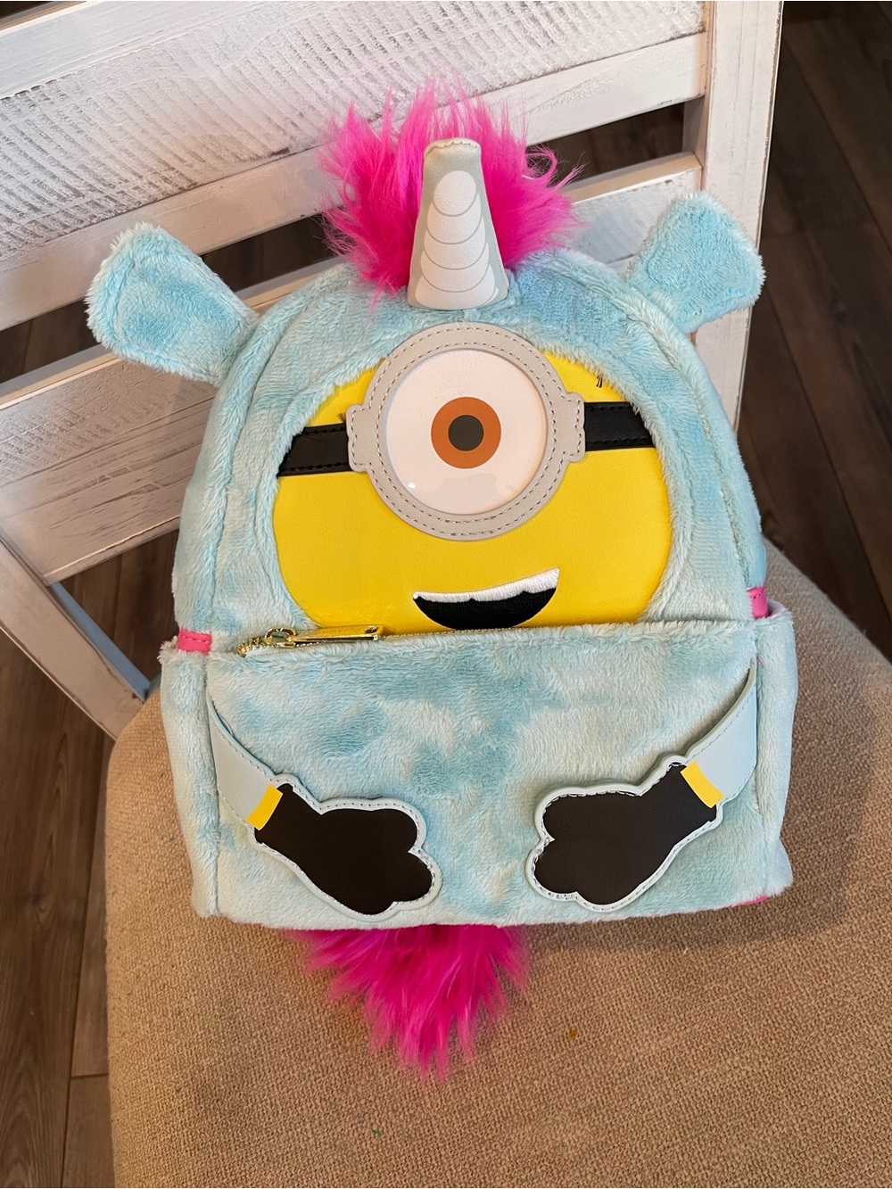 Loungefly Light Blue Plush Unicorn Minion Monster Kids Backpack with Pink Accent